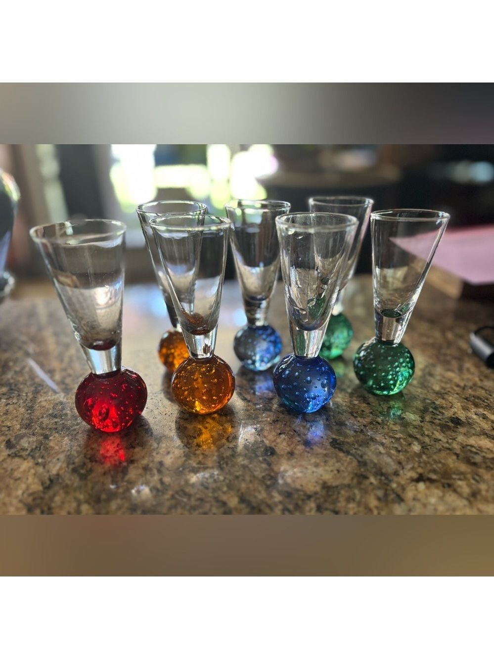 Vintage Bullicante Bubble Base Cordial Shot Glasses Set of 7 Rainbow Party Fun